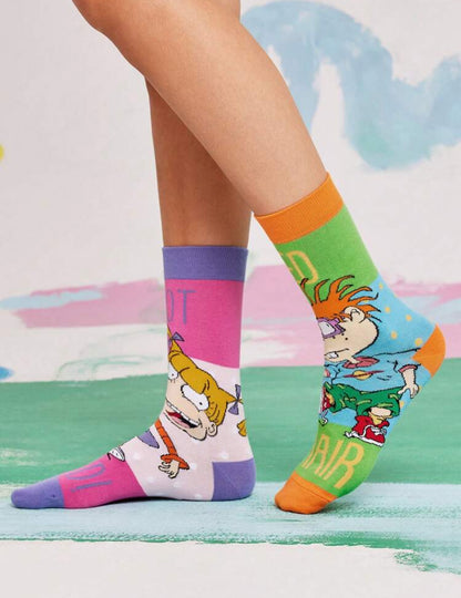 Nick 90s 2 pair Set 90s Asymmetrical Cartoon Graphic Crew Socks