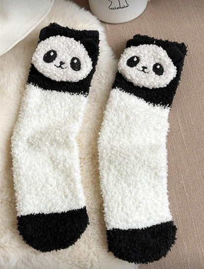 Cozy Plain Solid Color Warmly Soft Fuzzy With Panda Label Stitching On Top Comfort Fluffy Anklet Crew Long Socks