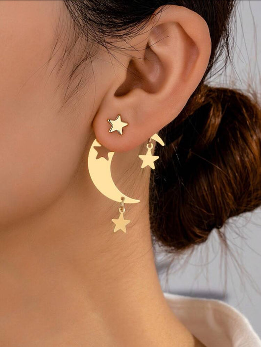 2pcs/Set Star Moon Alloy Hollow Crescent Pendant Five Star Women's Earrings