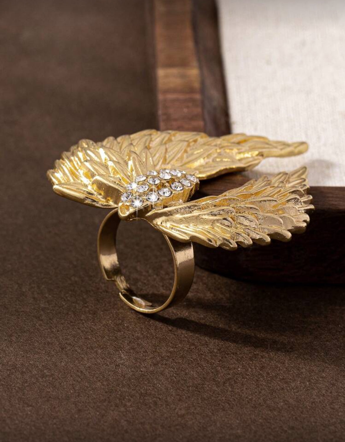Versatile Gold-Tone Wing Fully Rhinestone Encrusted Open Ring