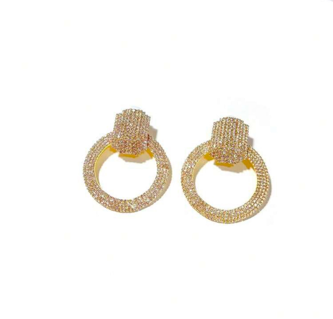 1 Pair Golden Luxury Oversized Rhinestone Stud Earrings, Fashionable For Women, Suitable For Party, Wedding, Gift