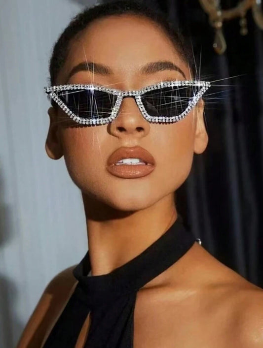Multi-line White Rhinestone-Set Black Cat Eye Shaped Fashion Glasses