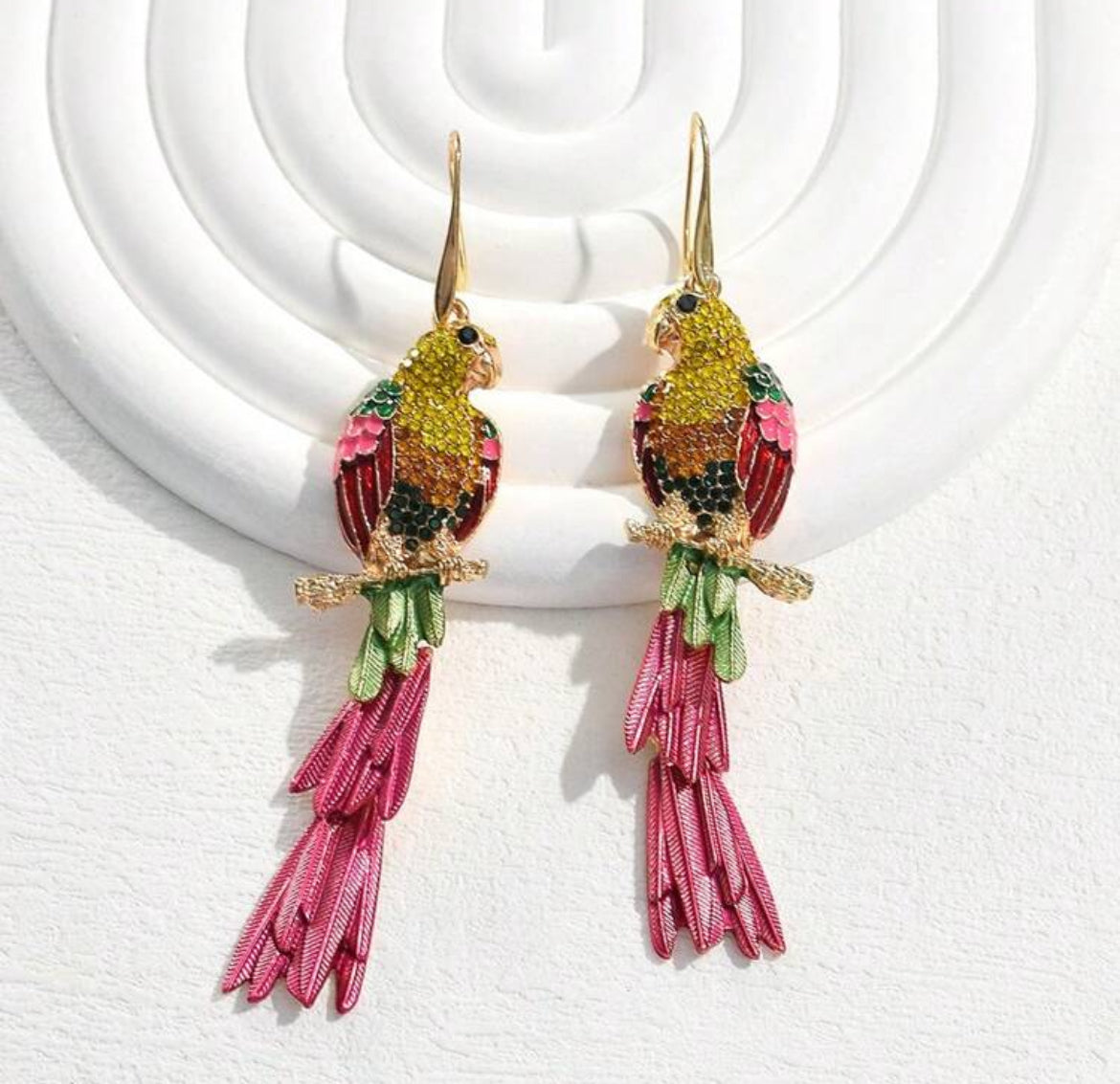 Exaggerated Zinc Alloy Enamel Earrings, Creative Geometric Animal Parrot Rhinestone Dangle Earrings For Women