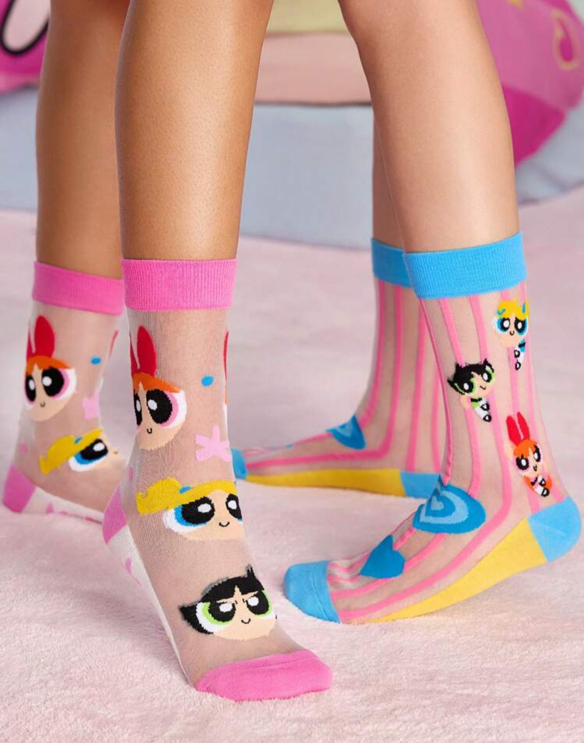 THE POWERPUFF GIRLS 2 Pairs Super Thin Cartoon Heart & Polka Dot Pattern Socks Crystal Stockings For Women, Breathable & Soft, Suitable For Spring & Summer Daily Wear,Y2K