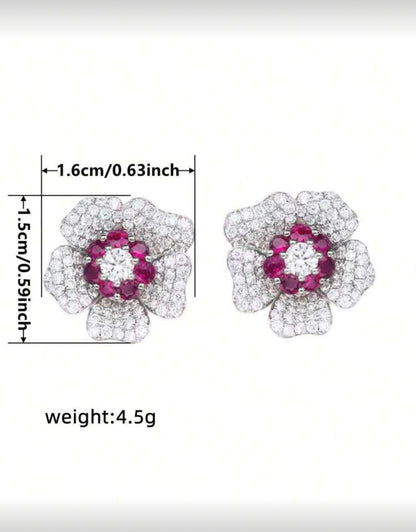 1 Pair Elegant Cubic Zirconia Flower Stud Earrings, Suitable For Women, Can Be Used As Anniversary, Party, Gift.