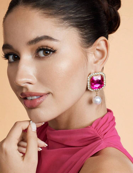 Claw Chain Square Alloy Cubic Zirconia & Faux Pearl Drop Earrings