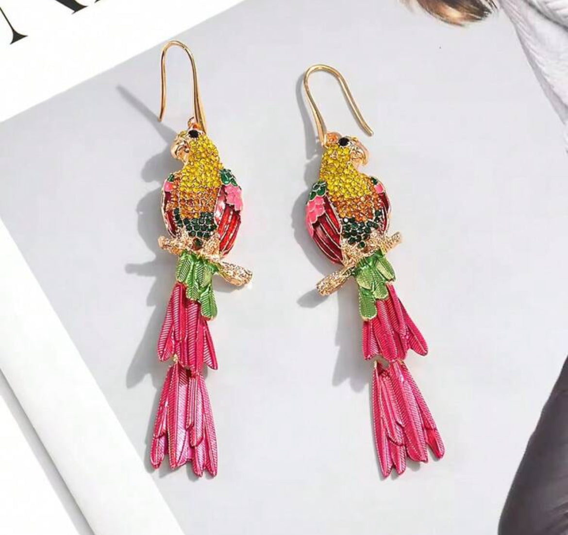 Exaggerated Zinc Alloy Enamel Earrings, Creative Geometric Animal Parrot Rhinestone Dangle Earrings For Women