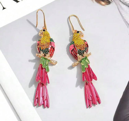 Exaggerated Zinc Alloy Enamel Earrings, Creative Geometric Animal Parrot Rhinestone Dangle Earrings For Women