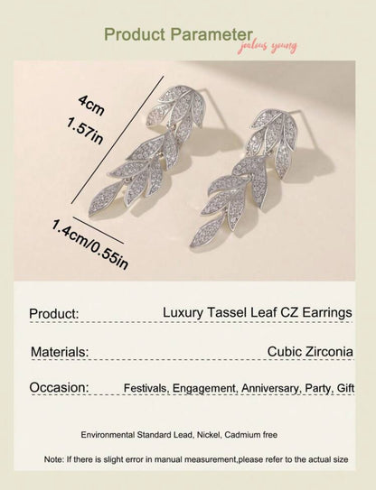 Elegant Cubic Zirconia Leaf Dangle Earrings For Women Wedding Dresses Ladies Jewelry For Daily Decoration, Banquet, Prom, Party Jewelry Gift
