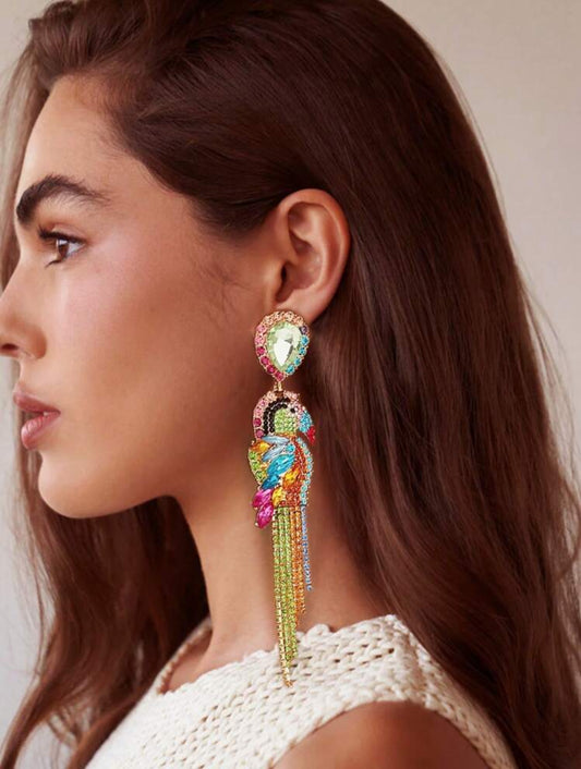Colorful Rhinestone Studded Long Parrot Earrings