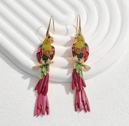 Exaggerated Zinc Alloy Enamel Earrings, Creative Geometric Animal Parrot Rhinestone Dangle Earrings For Women