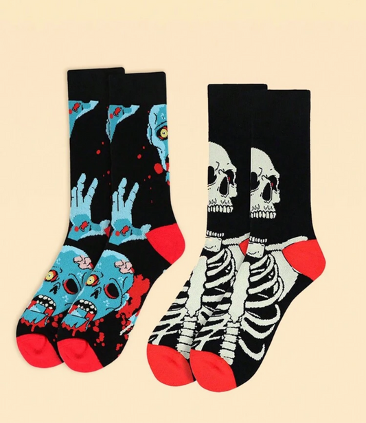 2 Pairs Fun/Horror Patterned Mid-Calf Socks, Suitable for Party and Daily Wear