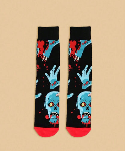 2 Pairs Fun/Horror Patterned Mid-Calf Socks, Suitable for Party and Daily Wear