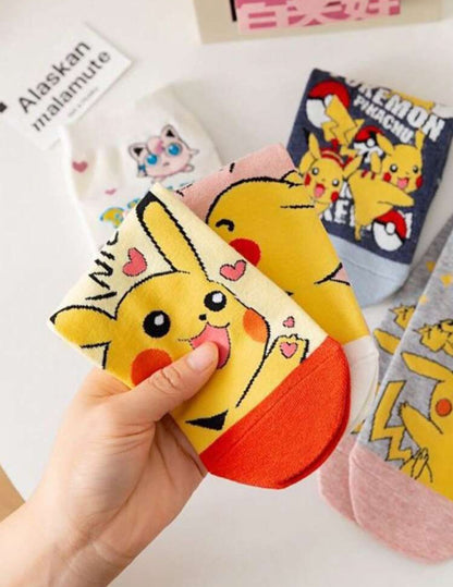 pokemon 5 Pairs Women's Pokemon Cartoon Cute Pikachu & Striped Breathable Ankle Socks, Suitable For Daily Wear