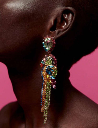 Colorful Rhinestone Studded Long Parrot Earrings