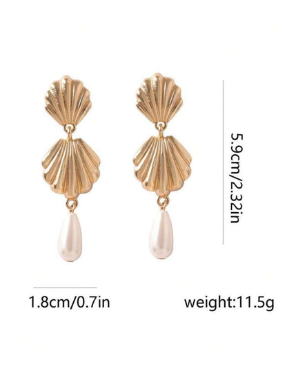 Vacation Fan Earrings, Shell Element Alloy Faux Pearl Water Droplet Pendant Earrings