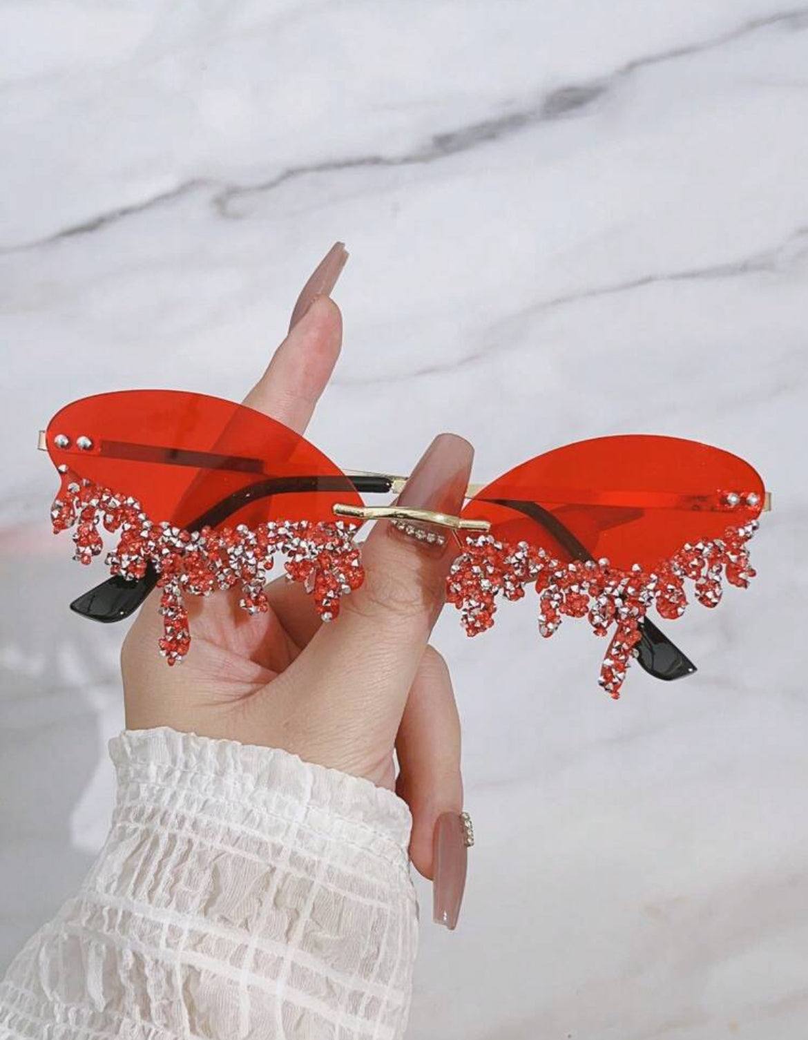 Metal-Free Rimless Red Angel Teardrop Rhinestone Fashionable Eyeglasses