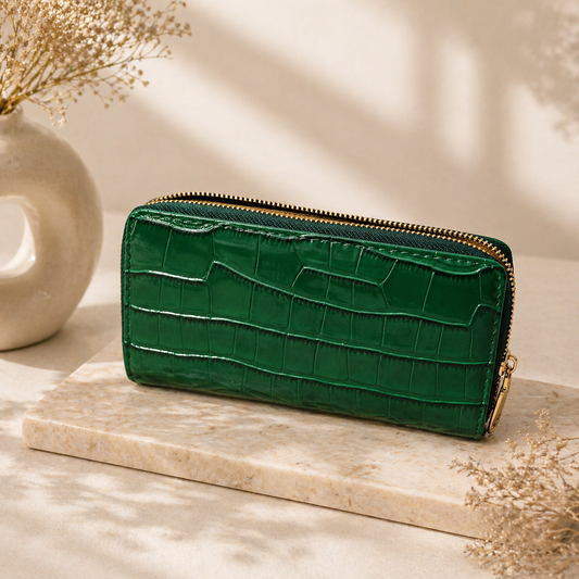 Croc-Textured Zip Wallet – Emerald Green bag