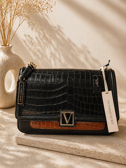Victoria S ecret Croc Panel Crossbody Bag – Black & Caramel