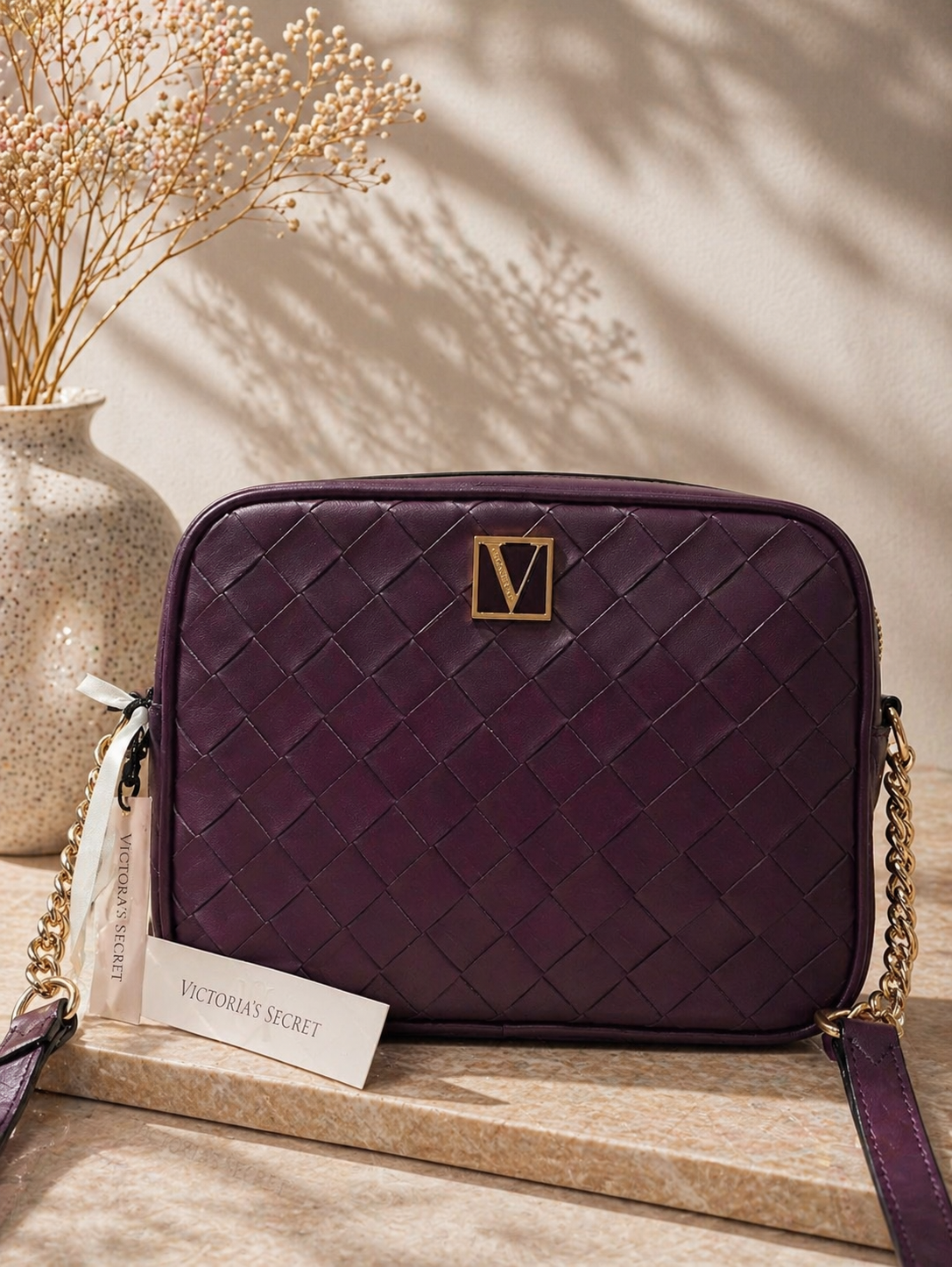 Victoria S ecret Woven Texture Crossbody Bag – Deep Plum