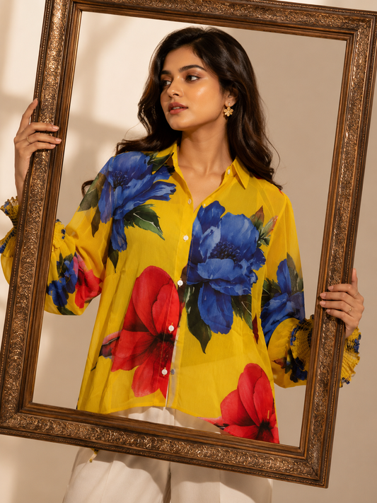 Sunflower Bloom Sheer Floral Shirt