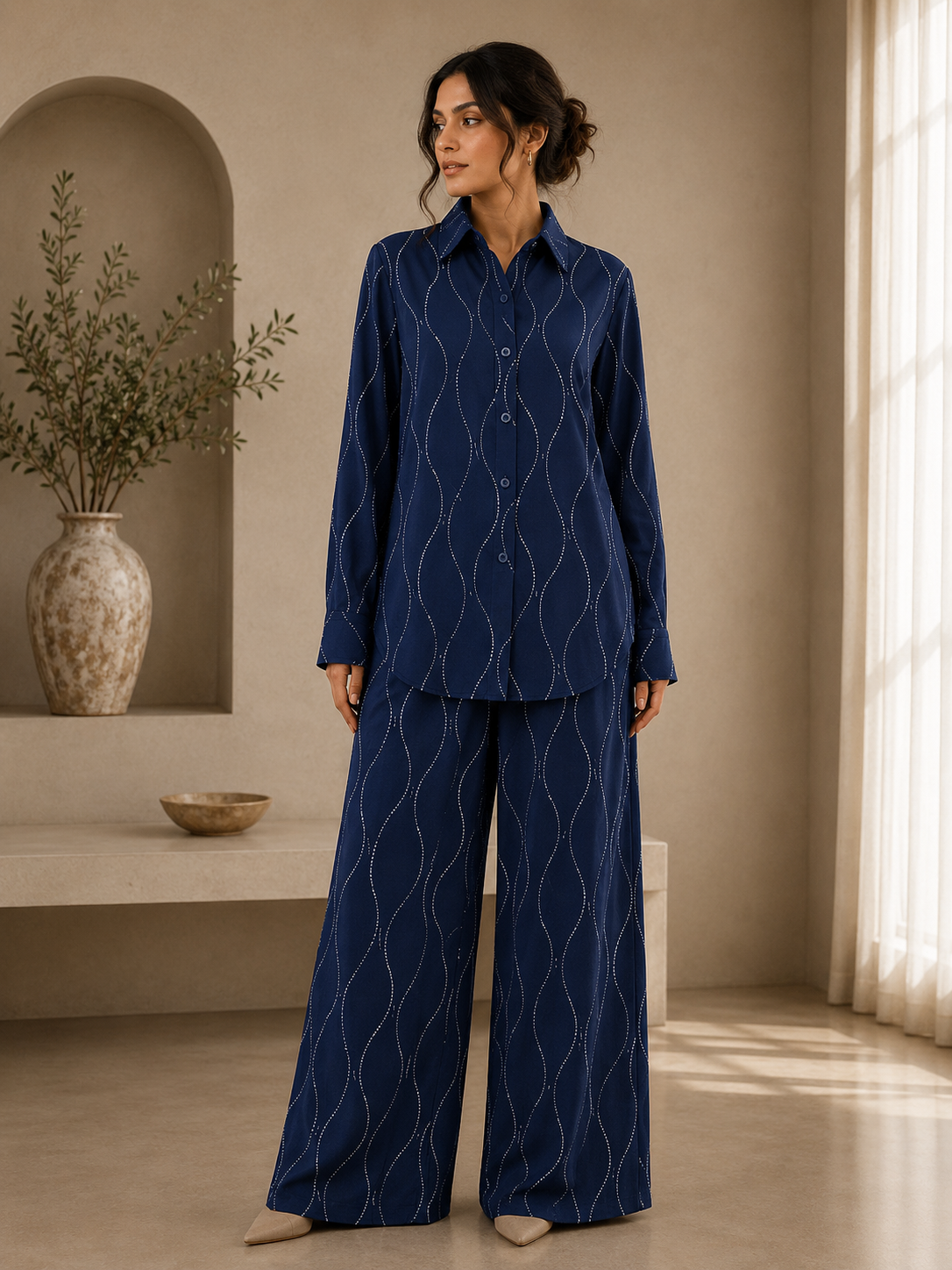 Royal Blue Wave Stone Work Co-Ord Set.XL/XXL