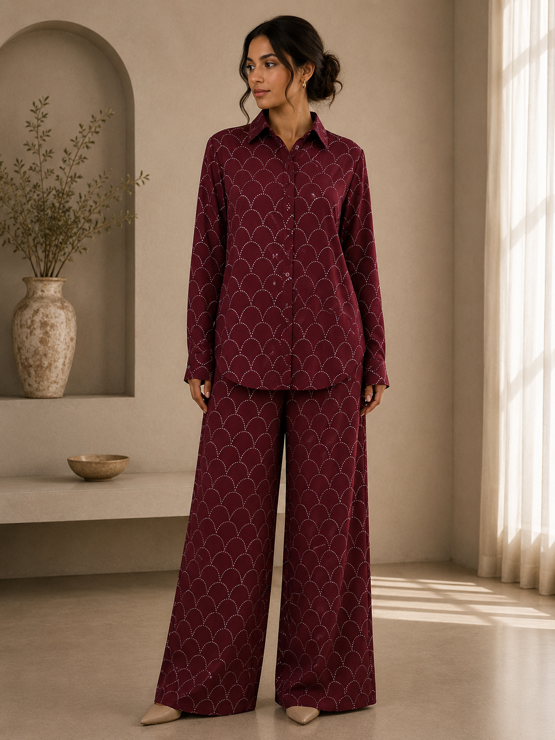 Ruby Scallop Stone Work Co-Ord Set.XL/XXL