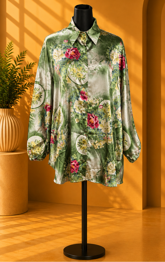 Garden Mist Satin Shirt. Size xl/xxl