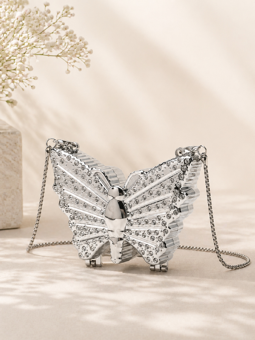 Mini Metallic Silver Glitter Rhinestone Butterfly Clutch Bag, Multifunctional Decorative Women's Fashion Makeup Pouch, Jewelry/Earphone Storage Box