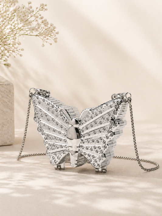 Mini Metallic Silver Glitter Rhinestone Butterfly Clutch Bag, Multifunctional Decorative Women's Fashion Makeup Pouch, Jewelry/Earphone Storage Box