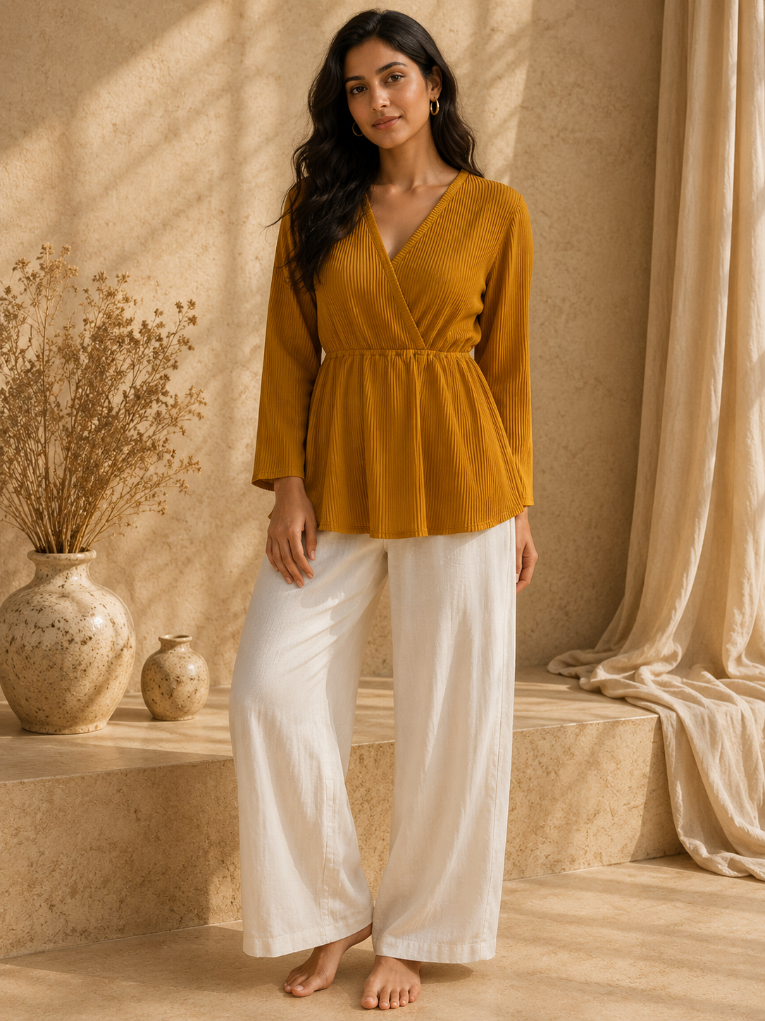 Mustard yellow pleated wrap shirt for women, size M