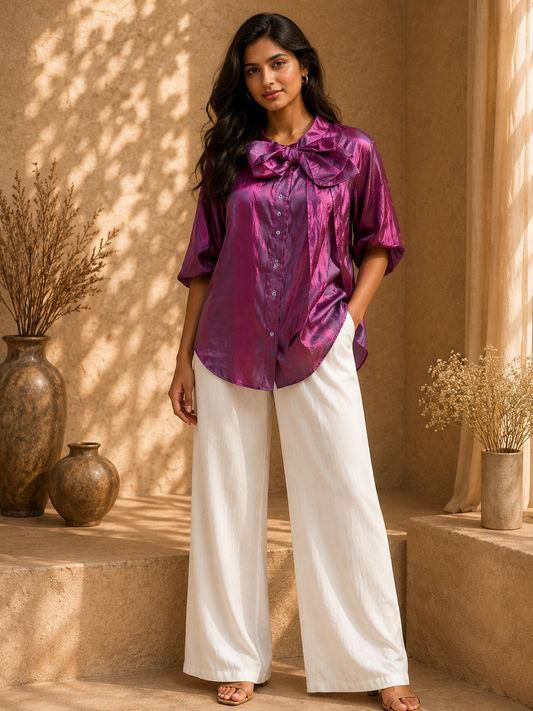 Magenta satin bow front shirt for women, size M