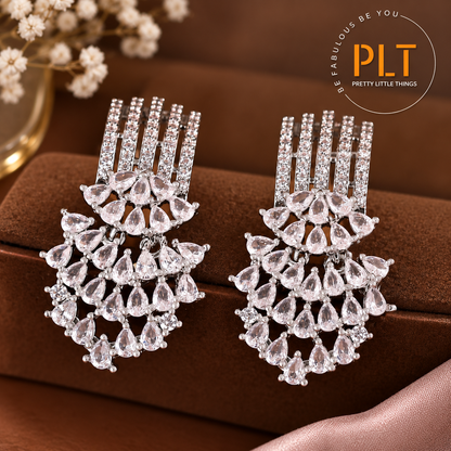Teardrop Tassel Cubic Zirconia Hafl Round Stud Earrings, Elegant Sparkling Jewelry
