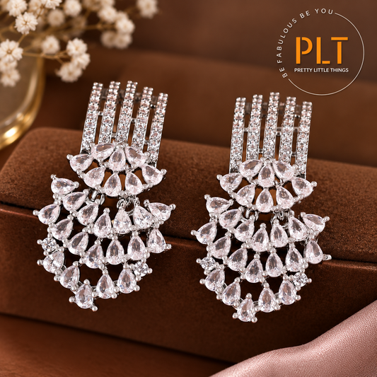 Teardrop Tassel Cubic Zirconia Hafl Round Stud Earrings, Elegant Sparkling Jewelry