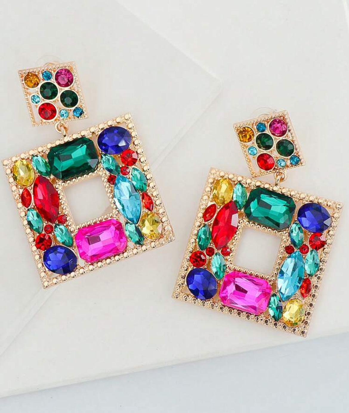 Geometric Crystal Stud Earrings, Suitable For Daily Wear, Vacation, Party - Multi Color