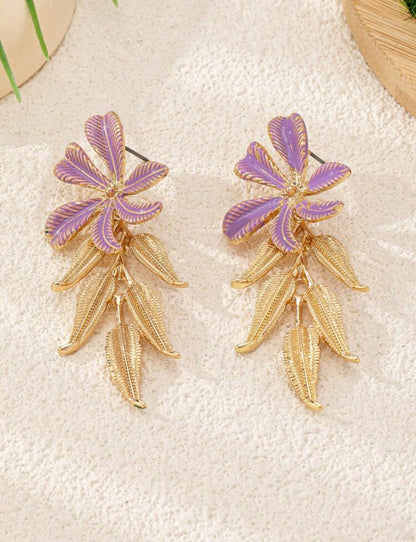 Fashionable Floral Leaf Design Earrings For Women, Elegant & Refined Lavender Color