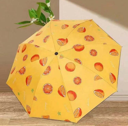 Fully Automatic One-Touch Open Orange/Grapefruit Print Umbrella, 8K Sun Blocking Anti-UV Parasol, Cute Compact Folding Rainproof Umbrella, Suitable For Travel, Wedding Photography, Gift, Water Repellent