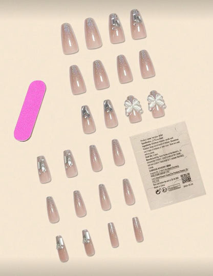 24pcs Long Coffin 3D Butterfly Rhinestone Decor Full Cover Fake Nail Kit Press On Nails