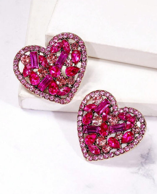 Heart-Shaped Pink Crystal Rhinestone Earrings For Women, Casual Daily Wear Jewelry Accessory, Gift