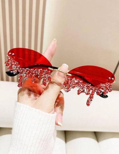 Metal-Free Rimless Red Angel Teardrop Rhinestone Fashionable Eyeglasses