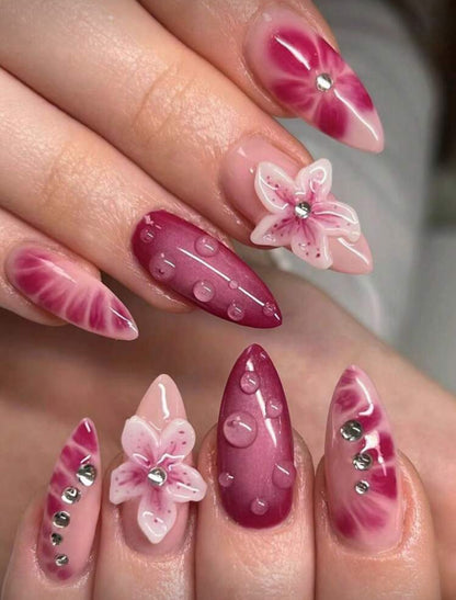 24Pcs/Set Almond Shaped Sweet Floral 3D Water Drop Pattern Full Cover Press-On Fake Nails 1Pc Jelly Gel & 1Pc Nail File Set, Nails