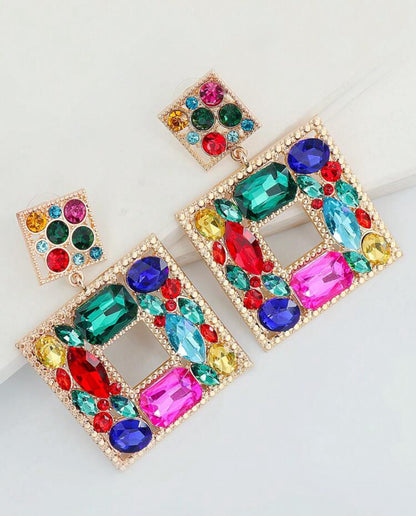 Geometric Crystal Stud Earrings, Suitable For Daily Wear, Vacation, Party - Multi Color