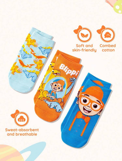 Blippi 3 Pairs Cartoon Figures & Dinosaur Pattern Kids Cotton Short Socks Set