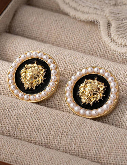 Lion Head And Pearl Stud Earrings For Women