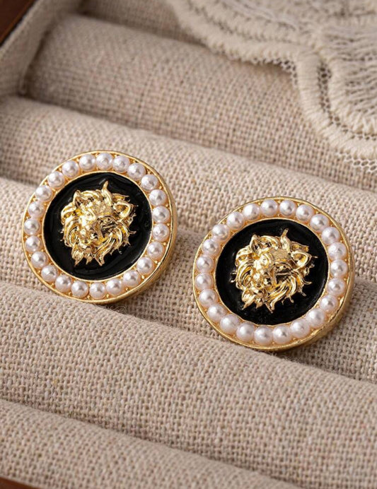 Lion Head And Pearl Stud Earrings For Women