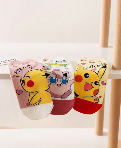 pokemon 5 Pairs Women's Pokemon Cartoon Cute Pikachu & Striped Breathable Ankle Socks, Suitable For Daily Wear