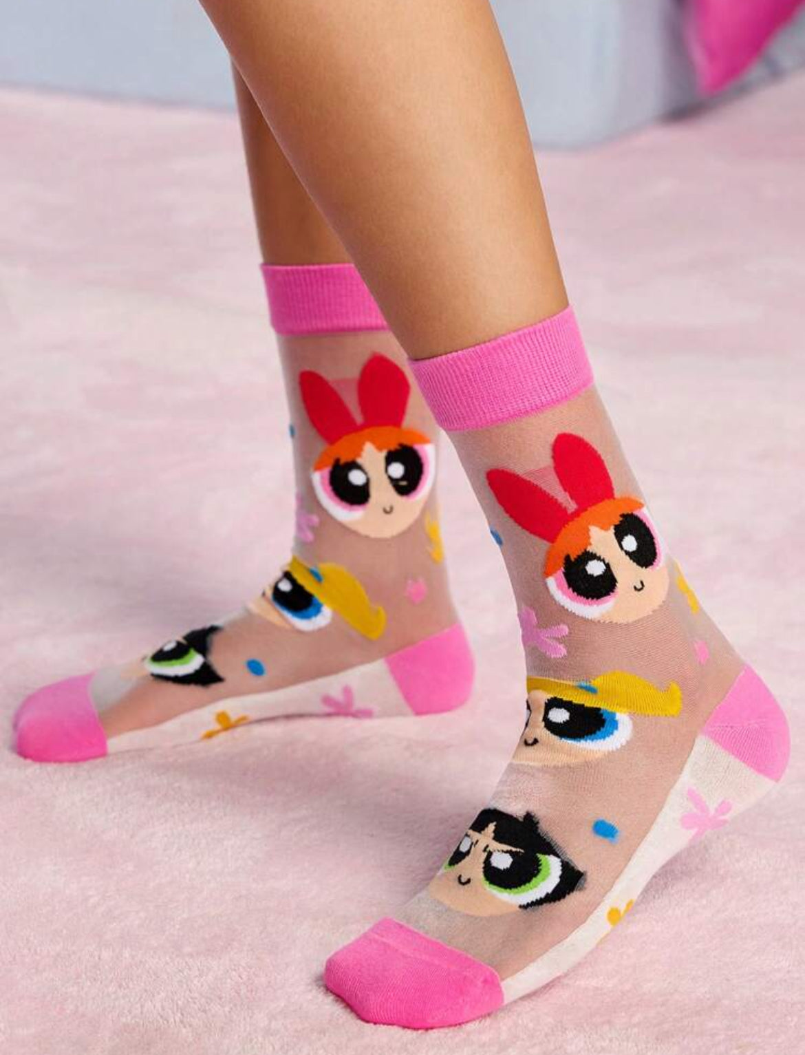 THE POWERPUFF GIRLS 2 Pairs Super Thin Cartoon Heart & Polka Dot Pattern Socks Crystal Stockings For Women, Breathable & Soft, Suitable For Spring & Summer Daily Wear,Y2K