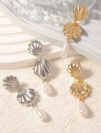 Vacation Fan Earrings, Shell Element Alloy Faux Pearl Water Droplet Pendant Earrings