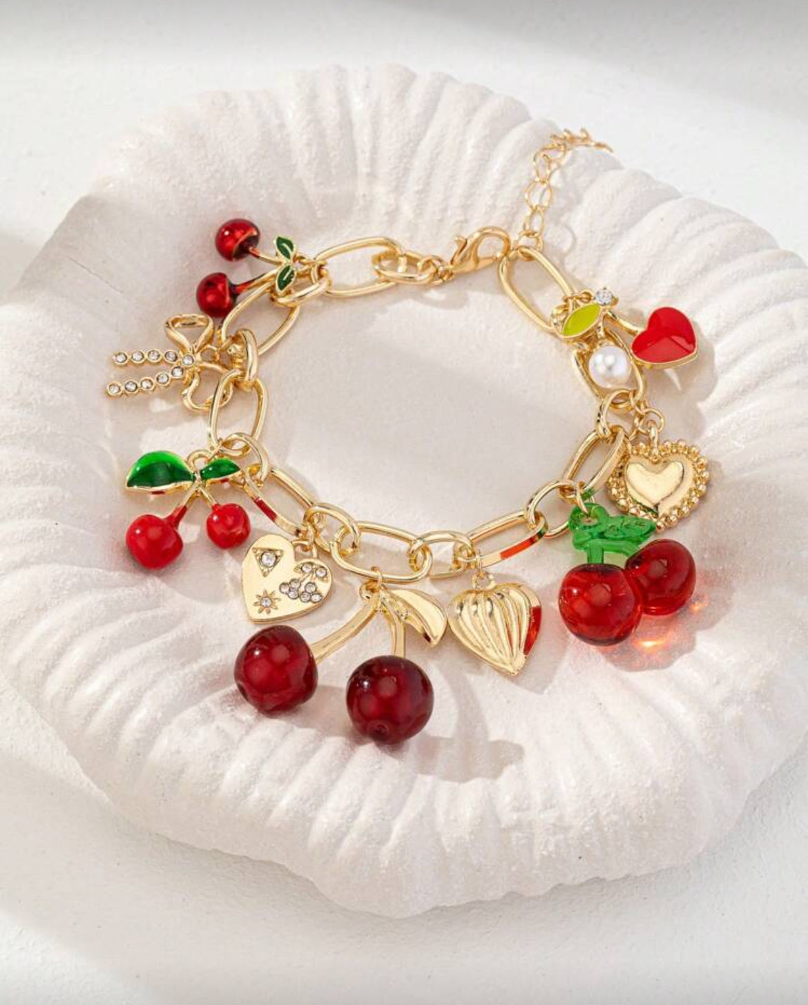 Handmade Golden Cherry Bow Heart Charm Bracelet, Chunky Chain Bracelets, Spring/Summer Jewelry