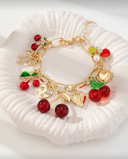 Handmade Golden Cherry Bow Heart Charm Bracelet, Chunky Chain Bracelets, Spring/Summer Jewelry